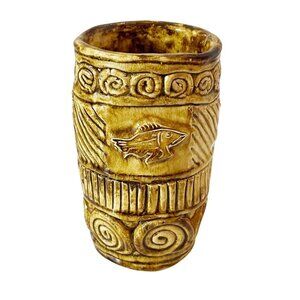 Vintage Unique Studio Art Pottery Vase Brown Glaze Fish Eagle Design Signed VLD